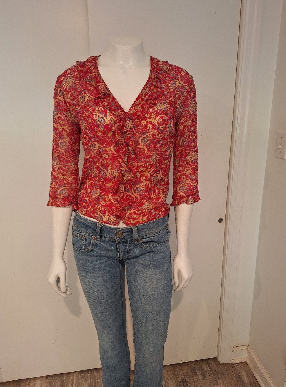 EXPRESS Red Paisley Ruffle-Front Blouse